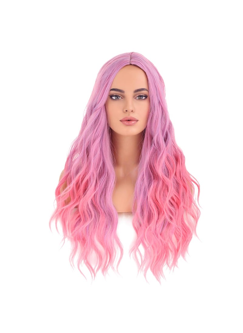 MAGQOO - MAGQOO Purple Pink Wig for Women Long Curly Wavy Purple Pink Wig Colorful Ombre Wig Middle Part Synthetic Heat Resistant Fiber Halloween Cosplay Costume Daily Party Use - Image 1