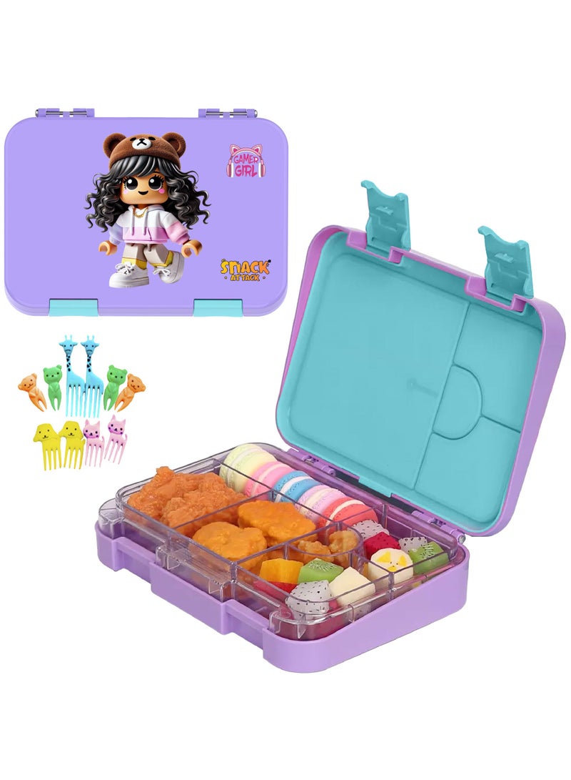 Snack Attack Gamer Girl Bento Lunch Box for Kids – Leakproof 6-Compartment Convertible Tray, BPA-Free, Food-Grade Material – Includes Cute Animal Food Picks – Purple & Aqua – Ideal for School & Travel - Image 1