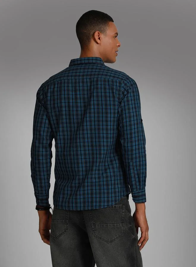 HIGH STAR Tartan Checked Pocket Detail Shirt with Roll Up Sleeves by Styli