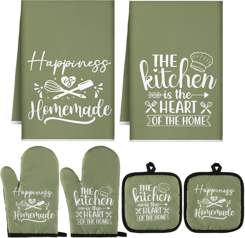 Sratte 6 Pcs Kitchen Decor Accessories Set Farmhouse Towels Pot Holders Oven Mitts Set 2 Dish Towels 2 Potholders 2 Cooking Mittens Oven Glove for Christmas Baking Cooking Supply(Green,Kitchen) - Image 1