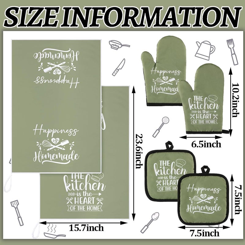 Sratte 6 Pcs Kitchen Decor Accessories Set Farmhouse Towels Pot Holders Oven Mitts Set 2 Dish Towels 2 Potholders 2 Cooking Mittens Oven Glove for Christmas Baking Cooking Supply(Green,Kitchen) - Image 4