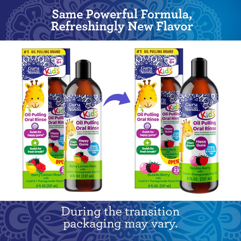 GuruNanda Kids Oil Pulling, Alcohol-Free Mouthwash, Essential Oils & Vitamins for Fresh Breath & Happy Gums for Ages 6 & up, Natural Bubble Berry, 8 Oz - Image 2
