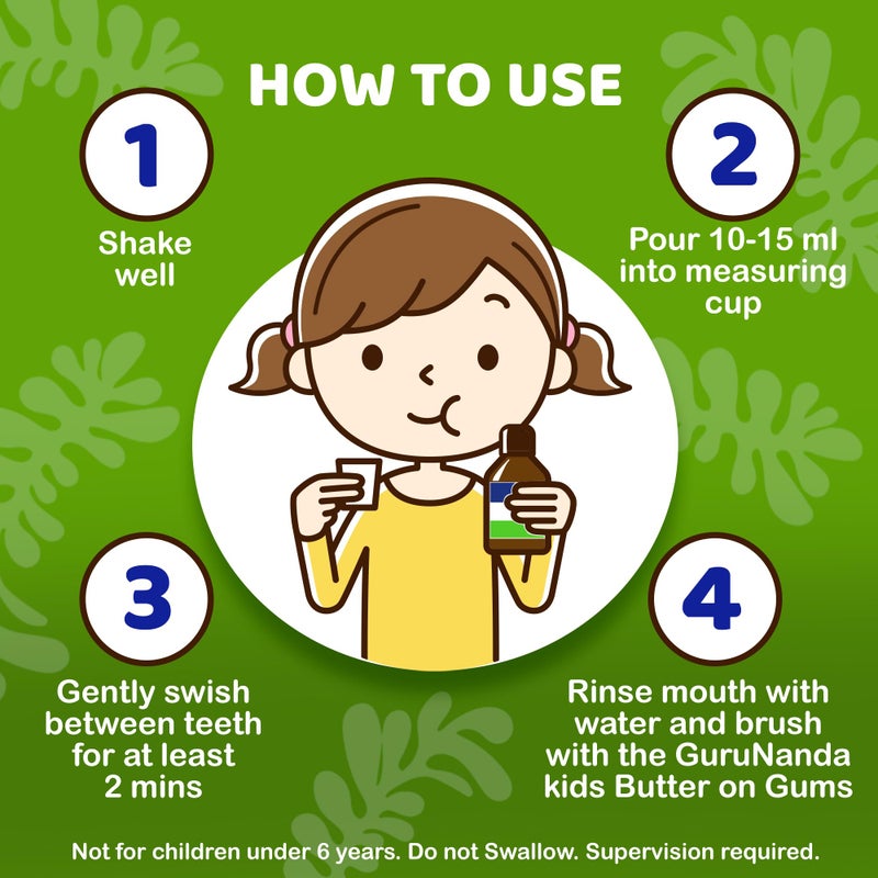 GuruNanda Kids Oil Pulling, Alcohol-Free Mouthwash, Essential Oils & Vitamins for Fresh Breath & Happy Gums for Ages 6 & up, Natural Bubble Berry, 8 Oz - Image 5