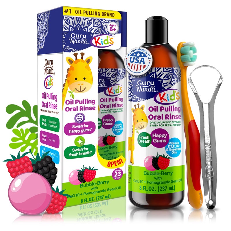 GuruNanda Kids Oil Pulling, Alcohol-Free Mouthwash, Essential Oils & Vitamins for Fresh Breath & Happy Gums for Ages 6 & up, Natural Bubble Berry, 8 Oz - Image 1