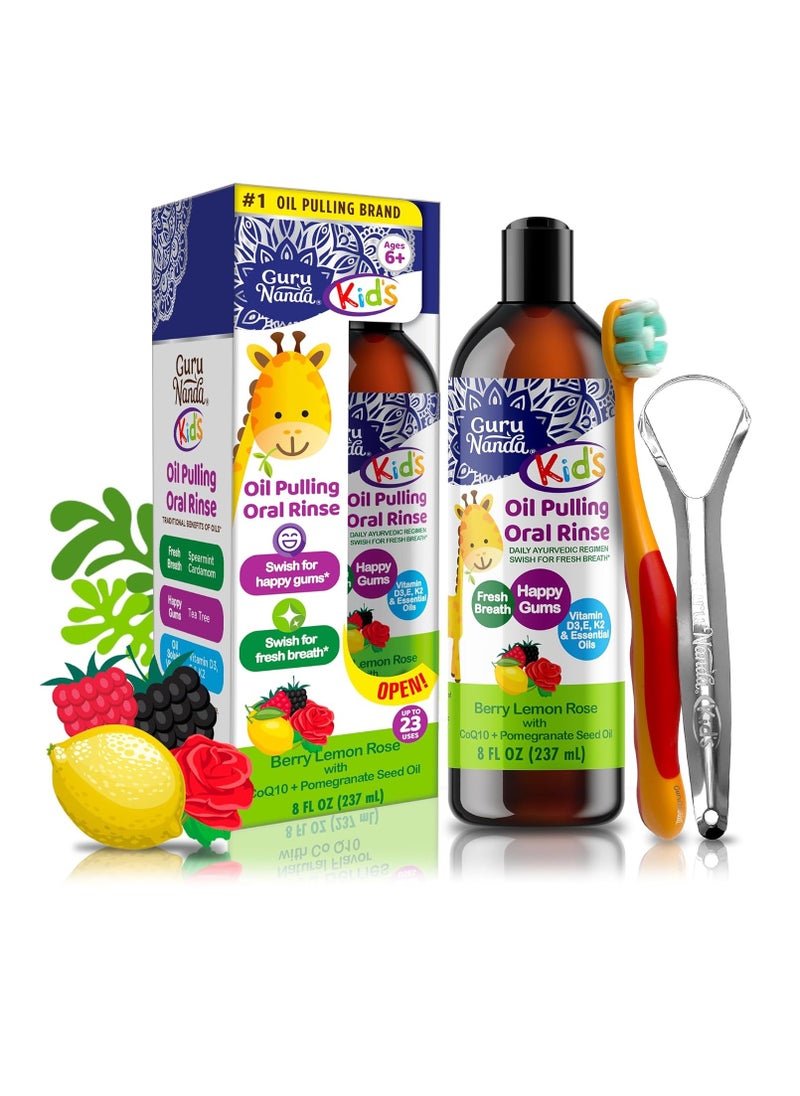 GuruNanda - GuruNanda Kids Oil Pulling, Alcohol-Free Mouthwash, Essential Oils & Vitamins for Fresh Breath & Happy Gums for Ages 6 & up, Natural Berry Lemon Rose, 8 Oz - Image 1