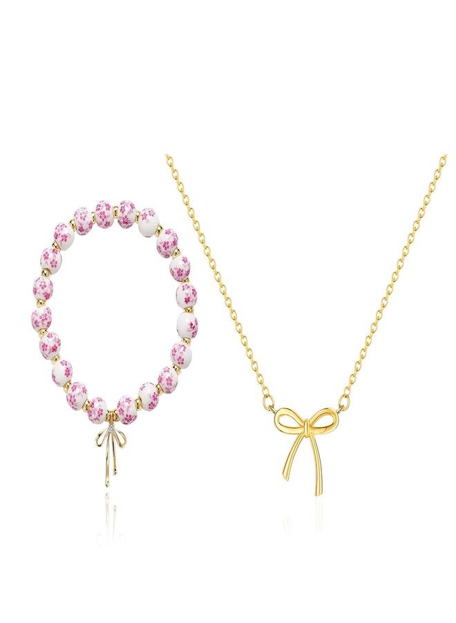 JAVARNV Bow Bracelet Necklace Set Beaded Bracelet Dainty Bow Pendant Necklace Jewelry Gift for Women - Image 1