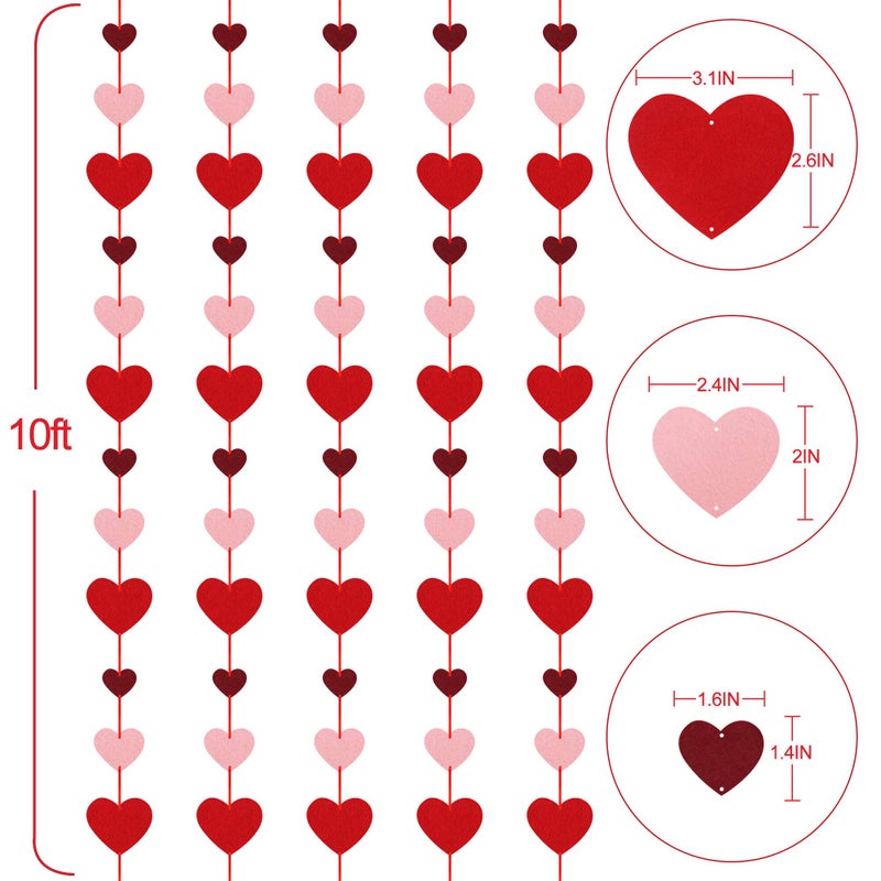 Partyprops 8 Packs Valentines Day Felt Heart Hanging String Garlands - NO DIY - Valentines Decorations - Valentine's Day Party Decorations Supplies - Valentines Burgundy Pink Red Heart Garland Decorations - Image 2