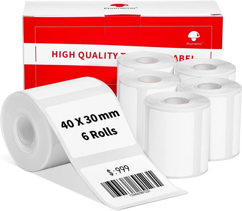Bukela 6 Rolls Phomemo M120/M110 Labels, 1.57 x 1.18 Inches (40 x 30 mm) Thermal Label Paper for Phomemo M120/M110/M200/M220 Label Printer, Thermal Label, White Thermal Paper, 100 Labels/Roll - Image 1
