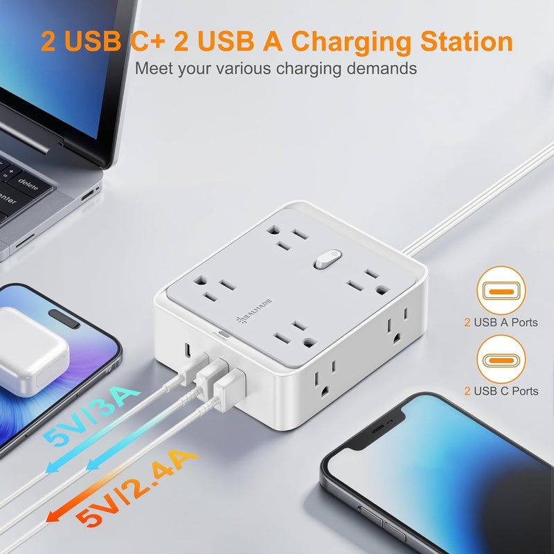 realmade Surge Protector Power Strip, 8 AC 4 UAB Power Strip with 950J Surge Protection, Flat Plug Outlet Extender, 5Ft Extension Cord, Wall Mount Desk Charging for Home Office， Gray & White - Image 2