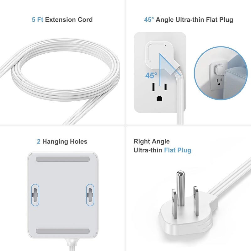 realmade Surge Protector Power Strip, 8 AC 4 UAB Power Strip with 950J Surge Protection, Flat Plug Outlet Extender, 5Ft Extension Cord, Wall Mount Desk Charging for Home Office， Gray & White - Image 5