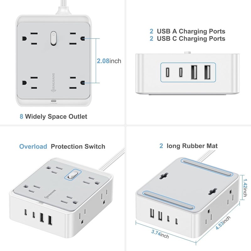 realmade Surge Protector Power Strip, 8 AC 4 UAB Power Strip with 950J Surge Protection, Flat Plug Outlet Extender, 5Ft Extension Cord, Wall Mount Desk Charging for Home Office， Gray & White - Image 4