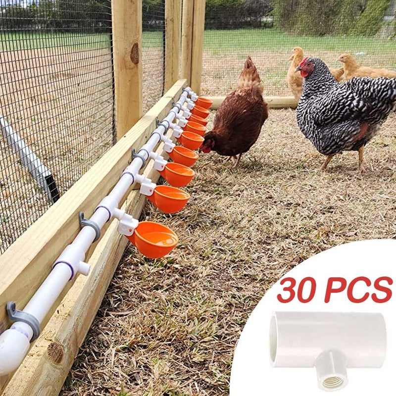 حزمة من 30 قطعة من وصلات PVC على شكل حرف T لسقاية الدجاج، سقاية دواجن أوتوماتيكية بالكامل، وصلات PVC لأكواب سقاية الدواجن الملولبة ومغذيات. - Image 4