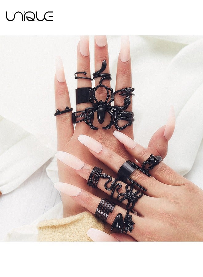 Unique 16 Pcs Open Punk Rings - Silver Black Vintage Rings - For Women, Girls, Men - Adjustable Vintage Rings - Image 3