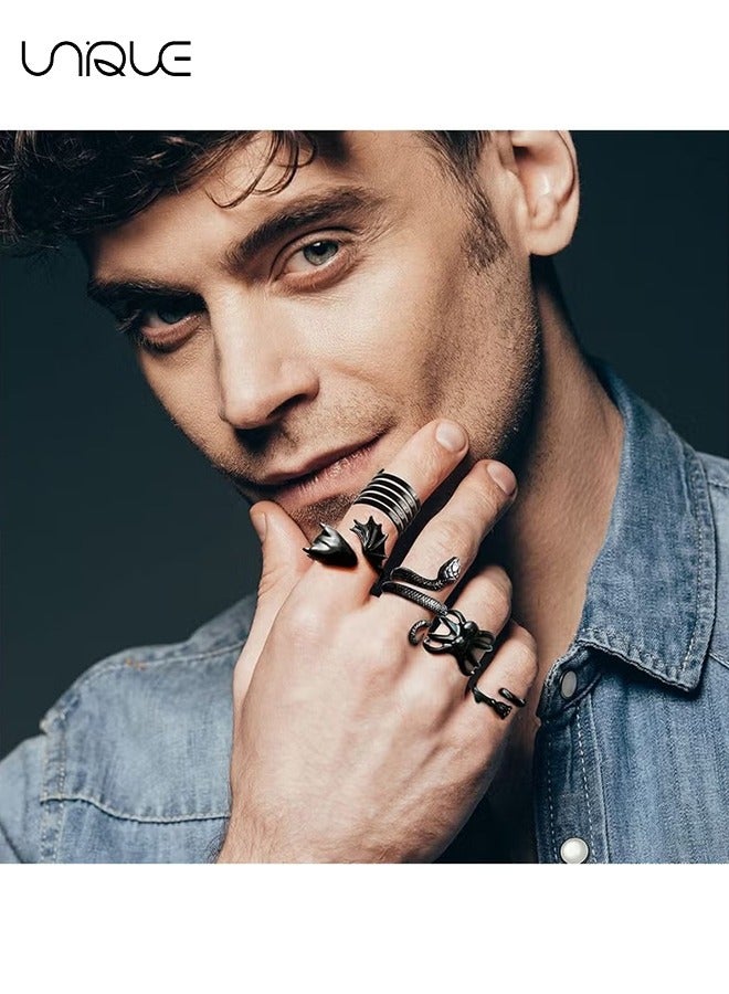 Unique 16 Pcs Open Punk Rings - Silver Black Vintage Rings - For Women, Girls, Men - Adjustable Vintage Rings - Image 5