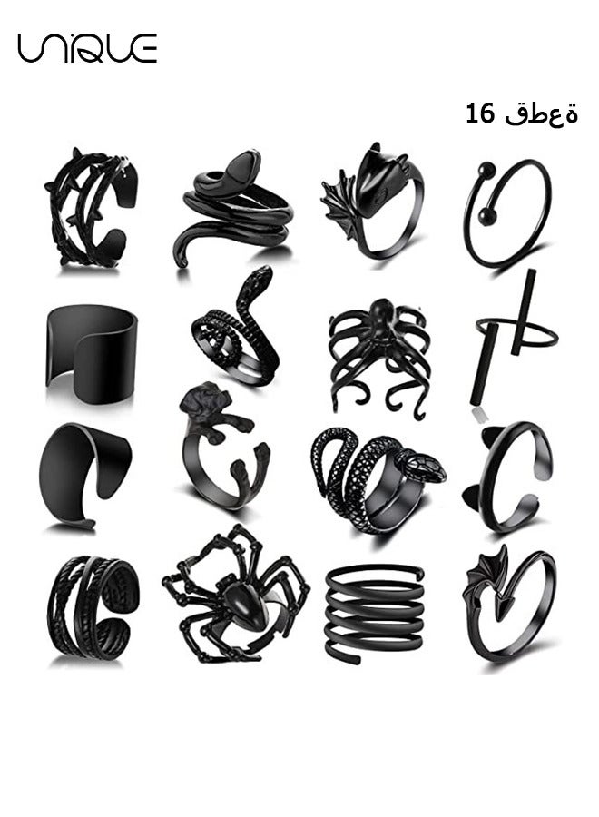 Unique 16 Pcs Open Punk Rings - Silver Black Vintage Rings - For Women, Girls, Men - Adjustable Vintage Rings - Image 1