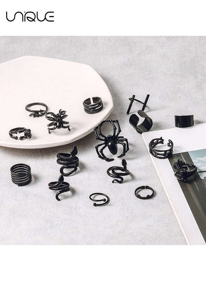 Unique 16 Pcs Open Punk Rings - Silver Black Vintage Rings - For Women, Girls, Men - Adjustable Vintage Rings - Image 2