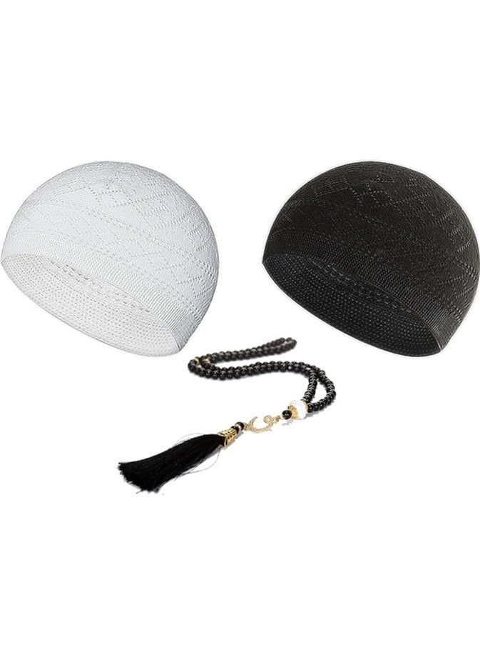 Rscy Kufi Hats for Men Muslim, Prayer Cap, Handicraft Taqiyah, Taqiyah Cap, Muslim Tasbih 99 Beads, Muslim Prayer Beads - Image 1