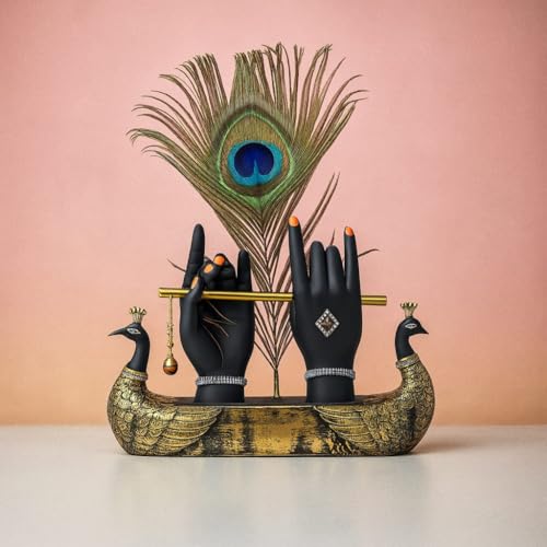 Mariner's Creation Decorative Krishna Hand Showpiece with Metal Flute and Peacock Feather for Home Decor Living Room and Pooja Room and Gift, Black and Gold Base, 23x6x15 cm, Religious Home Decor - Image 4