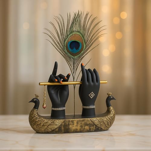 Mariner's Creation Decorative Krishna Hand Showpiece with Metal Flute and Peacock Feather for Home Decor Living Room and Pooja Room and Gift, Black and Gold Base, 23x6x15 cm, Religious Home Decor - Image 3