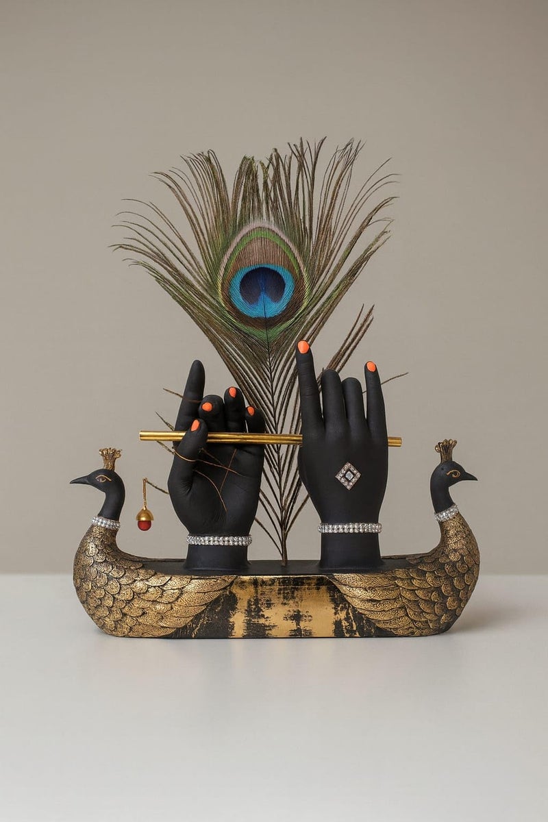 Mariner's Creation Decorative Krishna Hand Showpiece with Metal Flute and Peacock Feather for Home Decor Living Room and Pooja Room and Gift, Black and Gold Base, 23x6x15 cm, Religious Home Decor - Image 5