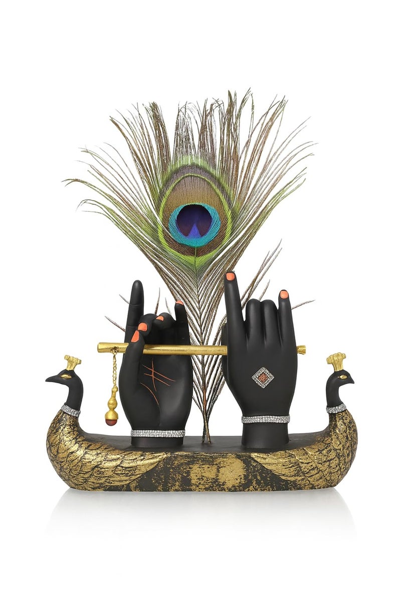 Mariner's Creation Decorative Krishna Hand Showpiece with Metal Flute and Peacock Feather for Home Decor Living Room and Pooja Room and Gift, Black and Gold Base, 23x6x15 cm, Religious Home Decor - Image 1