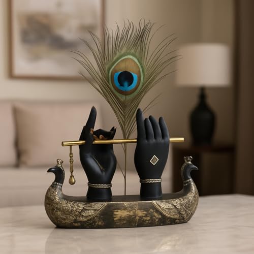 Mariner's Creation Decorative Krishna Hand Showpiece with Metal Flute and Peacock Feather for Home Decor Living Room and Pooja Room and Gift, Black and Gold Base, 23x6x15 cm, Religious Home Decor - Image 2