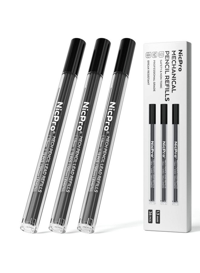 Nicpro 36 Pcs 1.3 Mm Lead Refills, Break Resistant Weatherproof Mechanical Pencil Refills 1.3 Mm (2B), 12 Pack Per Tube, Lead Length 120Mm, 3 Tubes- Black - Image 1