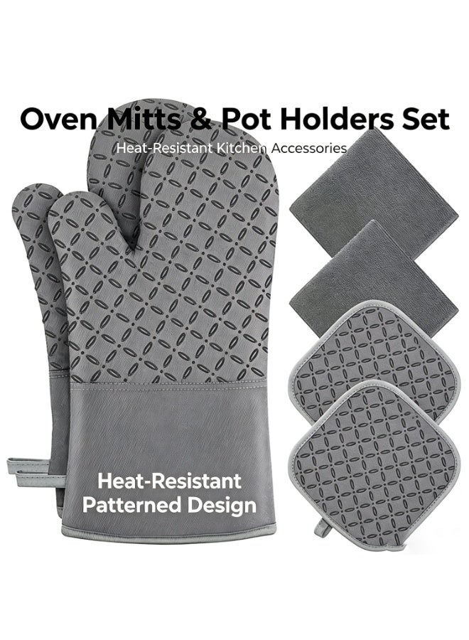 6 Pieces Grey Oven Mitt And Pot Holder Combo Extra Long High Heat Resistant Up To 500 Degree Non-Slip Silicone Surface Household Kitchen Gadget For Baking Grilling Cooking Microwave Use,Gift For Family & Friends - Image 1