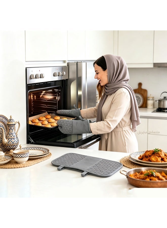 6 Pieces Grey Oven Mitt And Pot Holder Combo Extra Long High Heat Resistant Up To 500 Degree Non-Slip Silicone Surface Household Kitchen Gadget For Baking Grilling Cooking Microwave Use,Gift For Family & Friends - Image 2