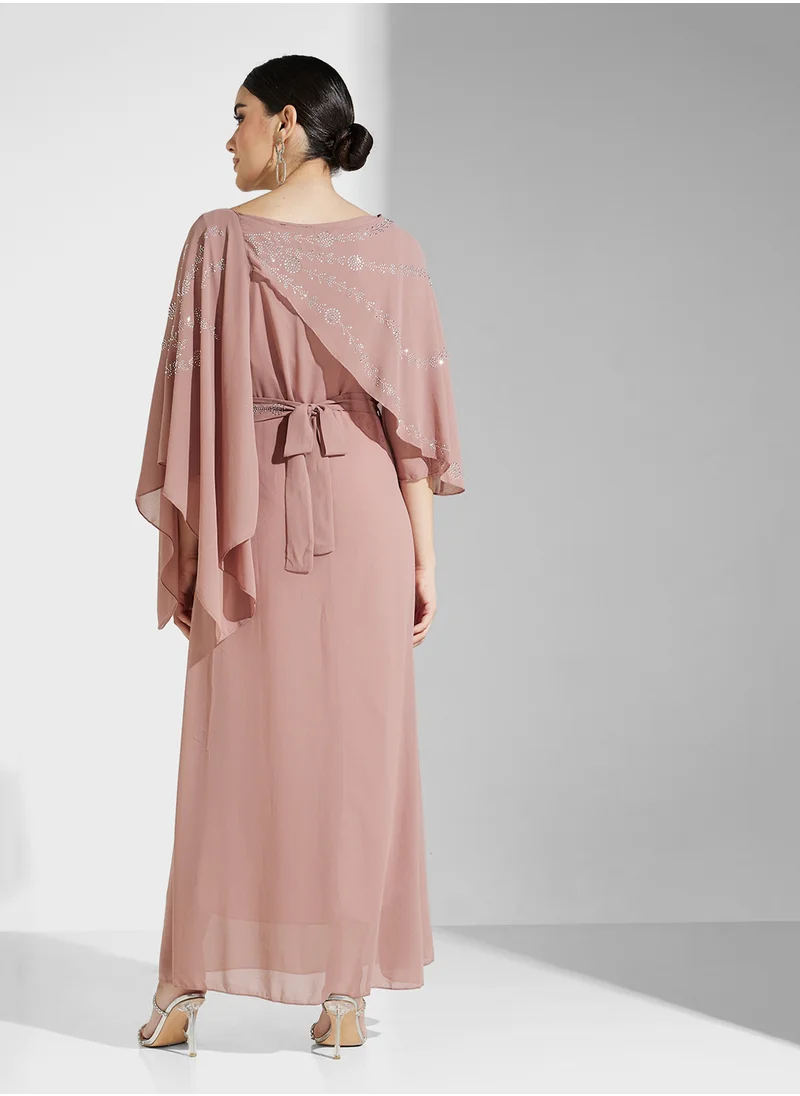 خزانة Dress With Embellished Cape Sleeves