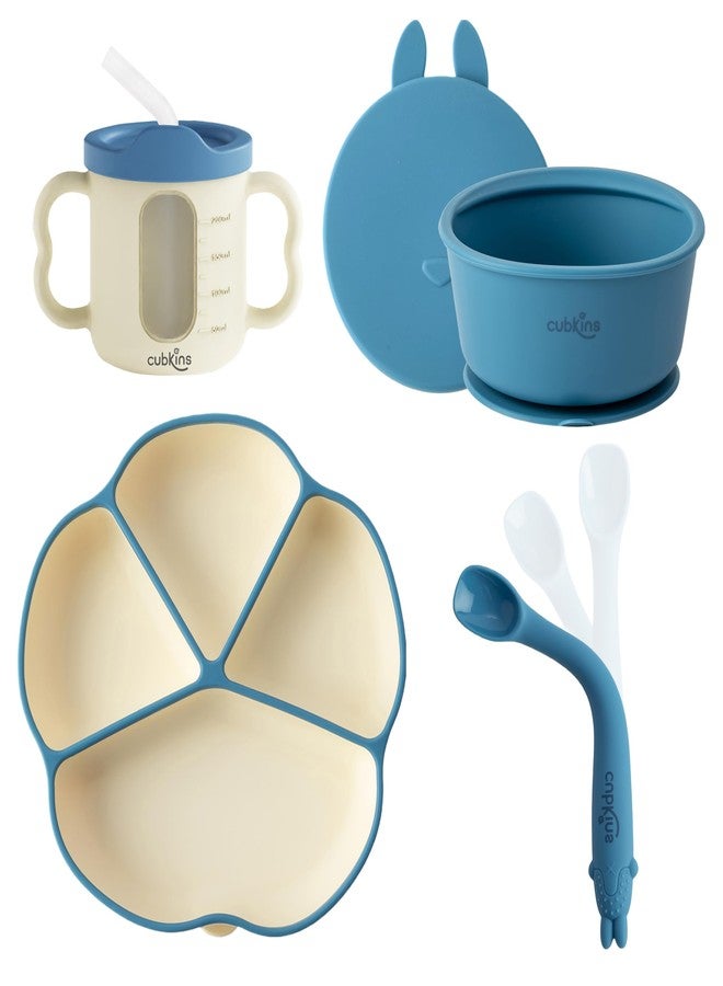 Cubkins Silicone Suction Plate, Bowl with Lid, Sippy Cup with Straw & Bendable Training Spoon Set of 4 for Feeding Babies | BPA Free, Washable and Reusable Feeding Set for Kids, Toddlers (Blue Olive) - Image 1