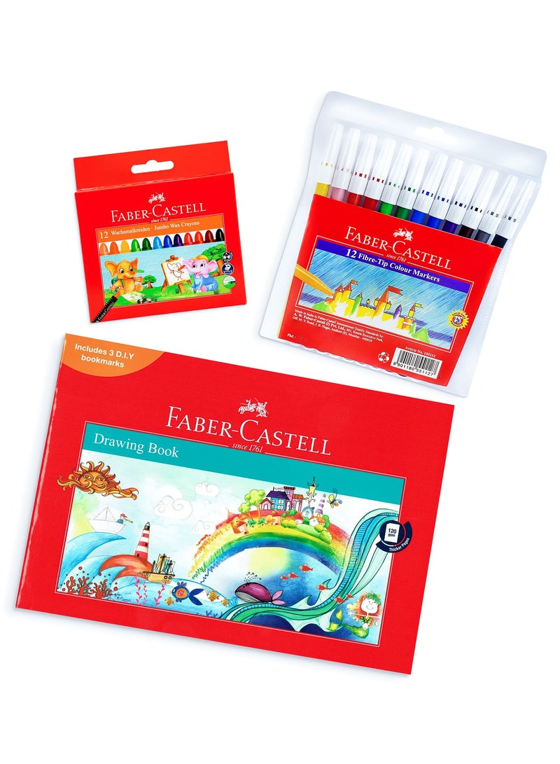 FABER-CASTELL School essentials, Drawing Book A4 120Gsm 36 Sheets + Washable Jumbo Wax Crayons 12Colours Round 90Mm + Washable Felt Pen 12Colours - Image 1