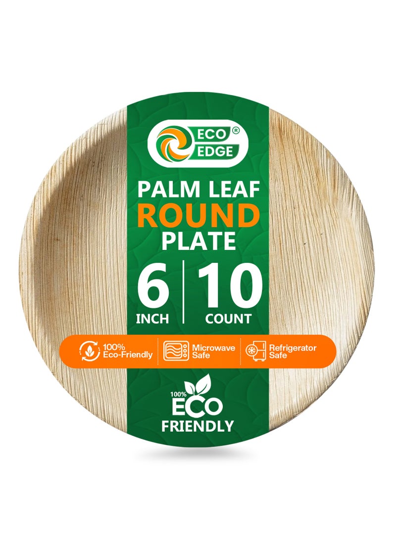 EcoEdge 6 Inch Round Areca Palm Leaf Disposable Plates (Pack of 10) | Non-Toxic, Tree-Free, Eco Friendly, Biodegradable, Compostable | Elegantly Sustainable| Heavy Duty | 100% Plant Based - Image 1