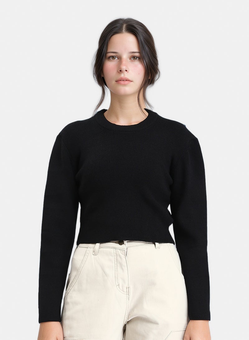 RAVIN Women Long Sleeves Round Neck Ribbed Pullover Black - Image 1