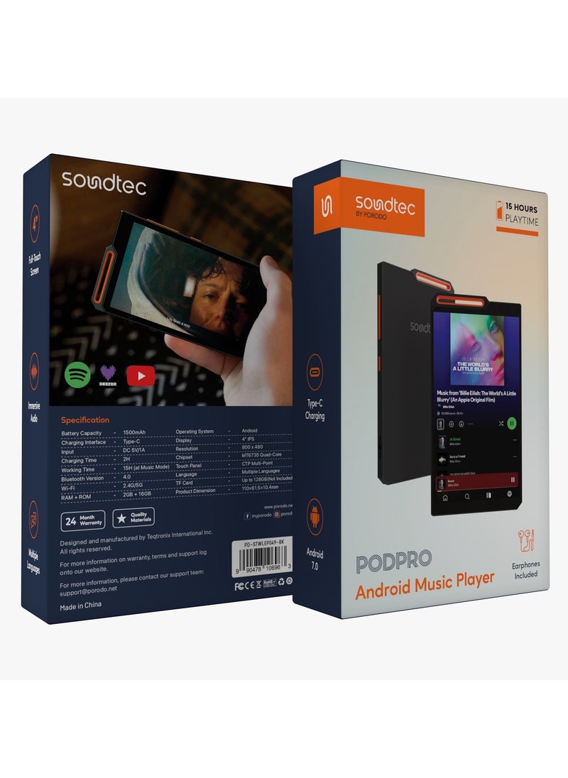 porodo - Pod Pro Android Music Player with 4" Display /  Immersive Audio / Full-Touch Screen / Multiple Languages / Up to 15 Hours Working Time / Earphones Included / 4inch IPS Display - Black - Image 1