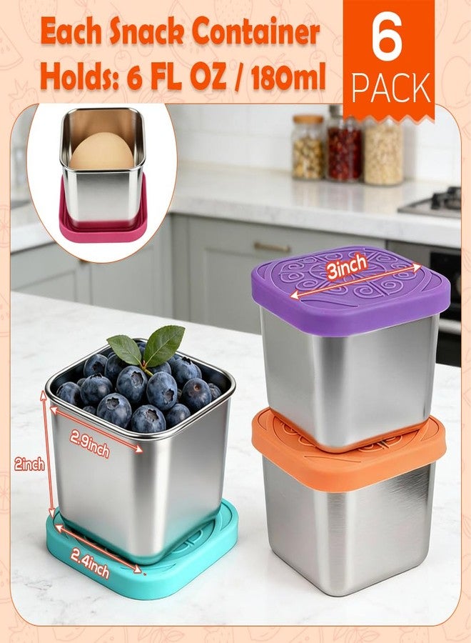 YQL 6-Pack 6oz Square Stainless Steel Snack Containers - Leakproof Metal Food Storage with Colorful Silicone Lids, Reusable Small Boxes for Travel & Meal Prep - Image 2