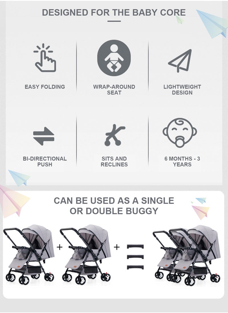 MaBaby - Baby Twin Stroller, Side By Side Double Strollers, Detachable and Reversible Pushchair With Adjustable Canopy And Backrest, Can Sit And Lie-grey grey - Image 1
