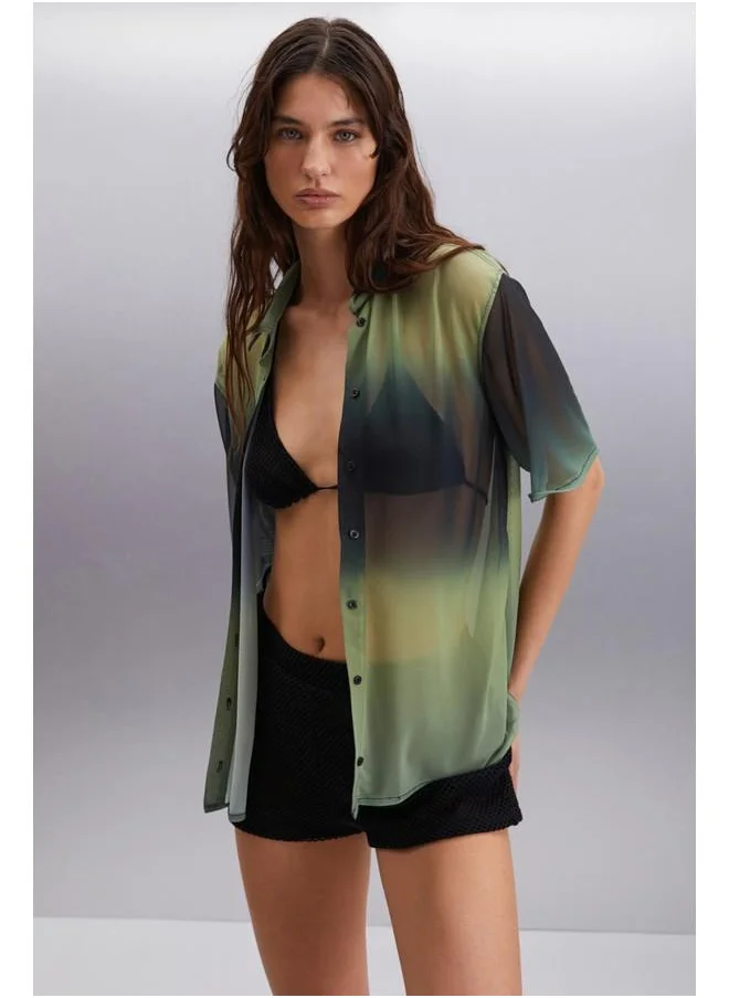 GRIMELANGE Grimelange Enora Women's Short Sleeve Chiffon Black - Green Shirt