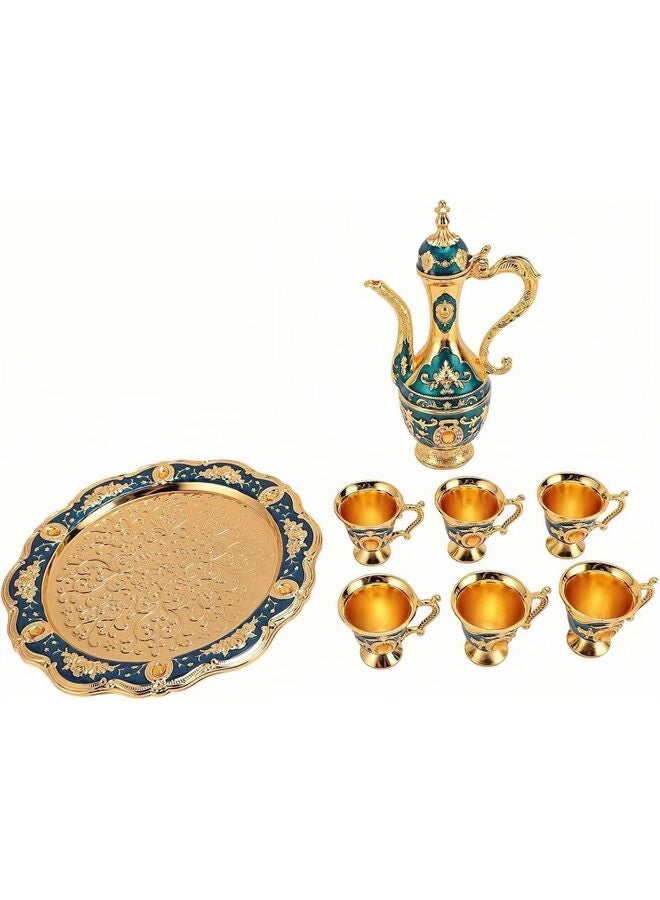 8 Pcs Vintage Turkish Coffee Pot Cups Set with Tray and 6 Cups Retro Coffee Pot Cups Set Exquisite Wine Pot Set Decorative Vintage Tea Service Set for Home Party Decor(Blue) - Image 2