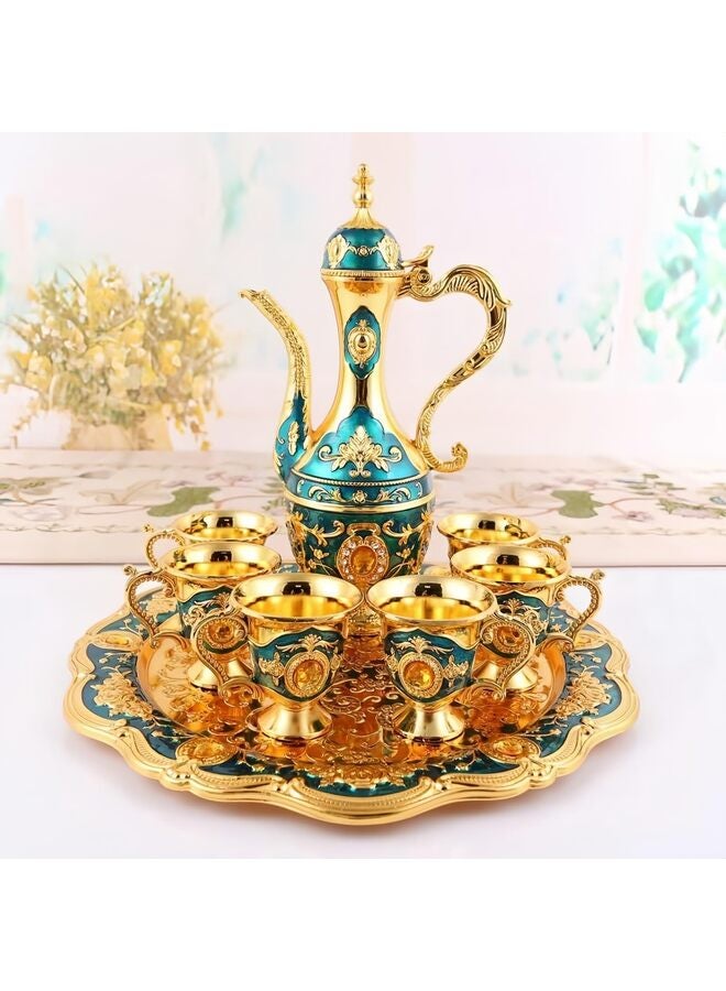 8 Pcs Vintage Turkish Coffee Pot Cups Set with Tray and 6 Cups Retro Coffee Pot Cups Set Exquisite Wine Pot Set Decorative Vintage Tea Service Set for Home Party Decor(Blue) - Image 5
