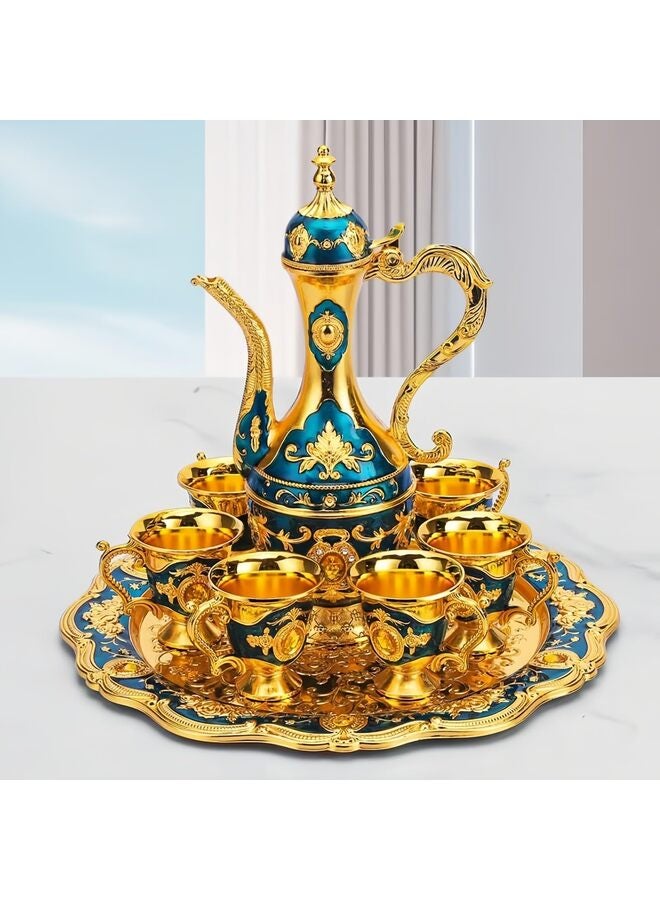 8 Pcs Vintage Turkish Coffee Pot Cups Set with Tray and 6 Cups Retro Coffee Pot Cups Set Exquisite Wine Pot Set Decorative Vintage Tea Service Set for Home Party Decor(Blue) - Image 3