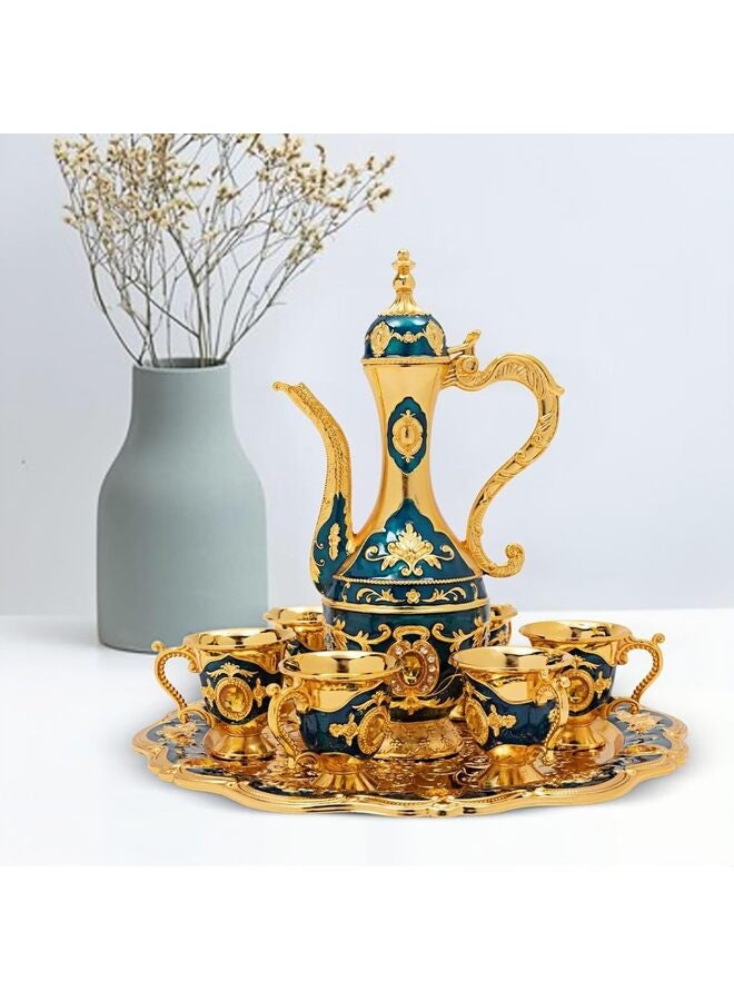 8 Pcs Vintage Turkish Coffee Pot Cups Set with Tray and 6 Cups Retro Coffee Pot Cups Set Exquisite Wine Pot Set Decorative Vintage Tea Service Set for Home Party Decor(Blue) - Image 4