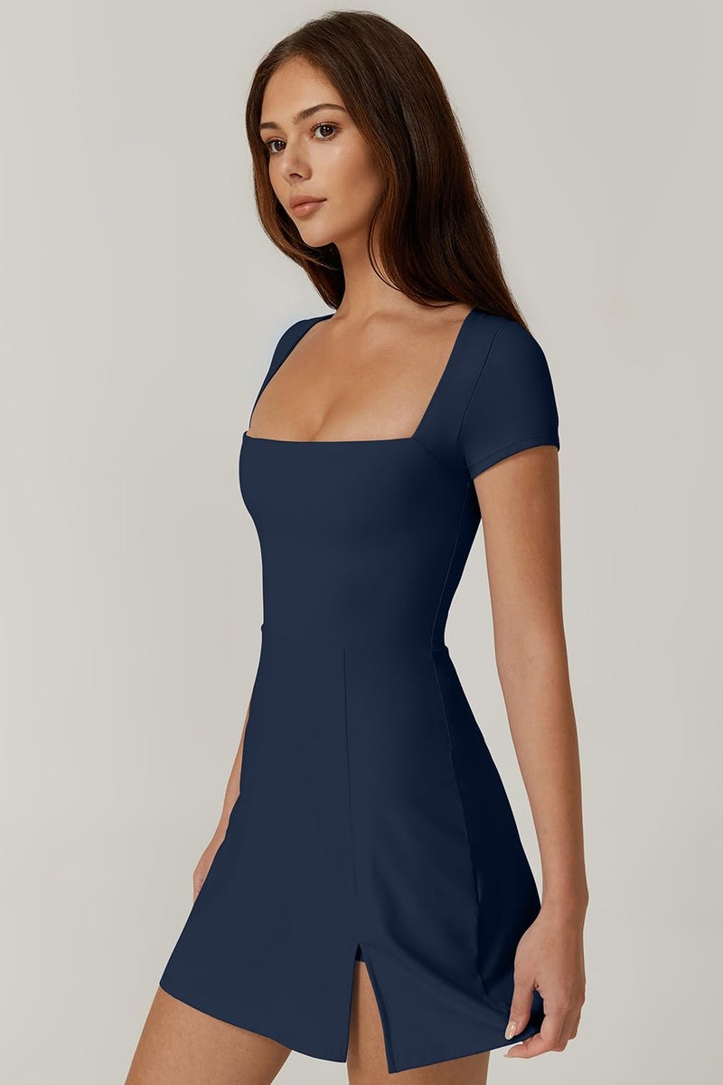 QINSEN Athletic Dress for Women Square Neck Short Sleeve Built in Shorts Workout Dress Fall Stretch Active Dress Dark Blue S - Image 4