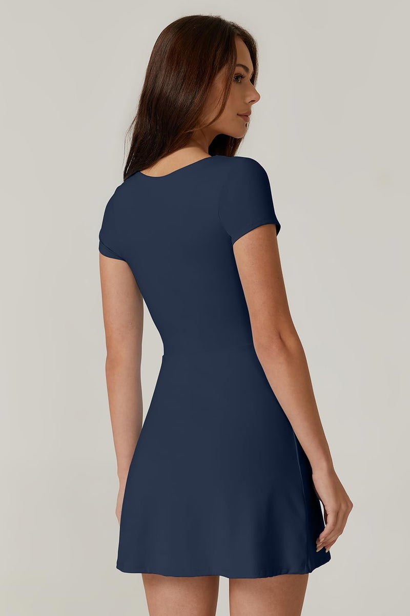 QINSEN Athletic Dress for Women Square Neck Short Sleeve Built in Shorts Workout Dress Fall Stretch Active Dress Dark Blue S - Image 2