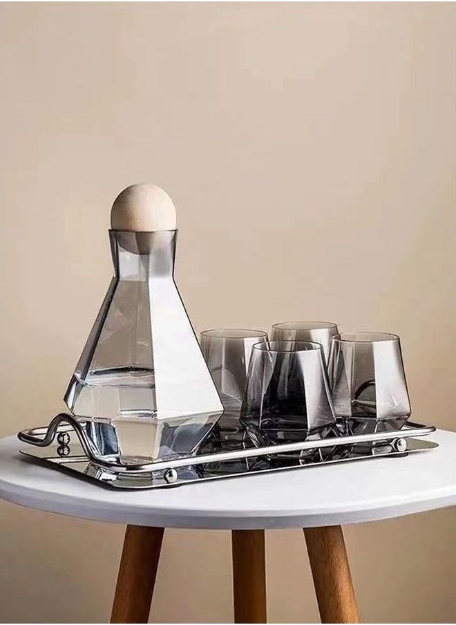 fashionhome - Glass Pitcher Set Cold and Hot Water Carafe Jug with Unique Irregular Geometry Pattern Tray for Homemade Iced Tea and Juice with 4 Tumbler Glasses - Image 1