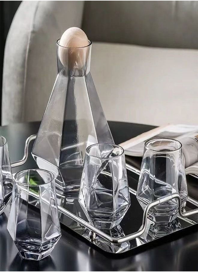 fashionhome - Glass Pitcher Set Cold and Hot Water Carafe Jug with Unique Irregular Geometry Pattern Tray for Homemade Iced Tea and Juice with 4 Tumbler Glasses - Image 1