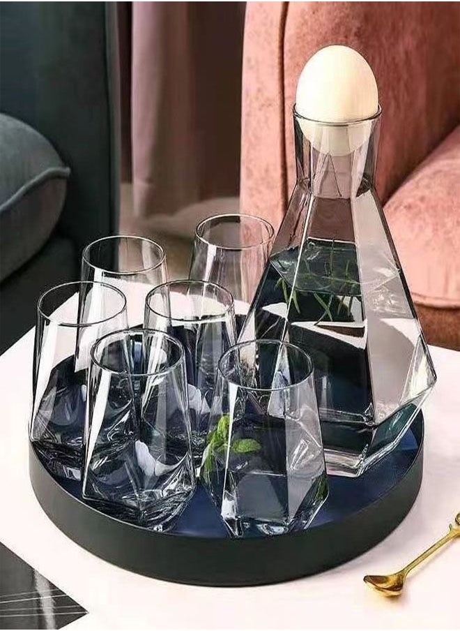 fashionhome - Glass Pitcher Set Cold and Hot Water Carafe Jug with Unique Irregular Geometry Pattern Tray for Homemade Iced Tea and Juice with 4 Tumbler Glasses - Image 1