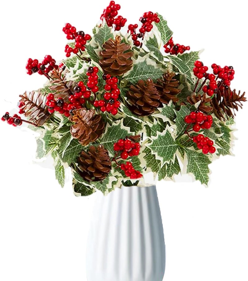 Shitailu Artificial Christmas Flowers Holly Red Berries Picks Pinecone Stems for Christmas Vase Home Garden Party Arrangement Table Centerpieces Decorations Wreath and Xmas Tree Decoration - Image 1