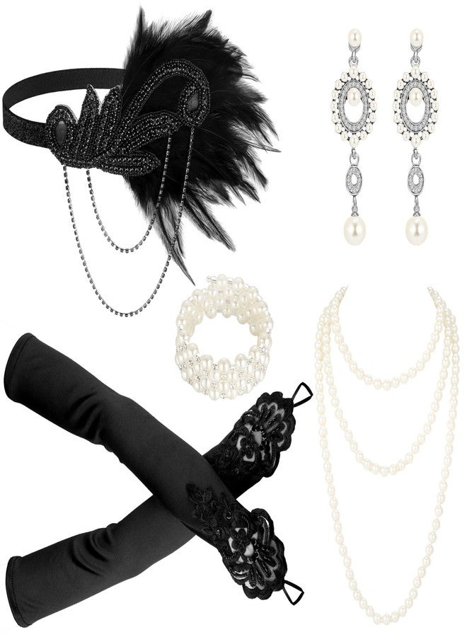 Maitys 1920s Accessories Set for Women Flapper Costume Feather Headband Necklace Bracelet Earrings (Stylish) - Image 1