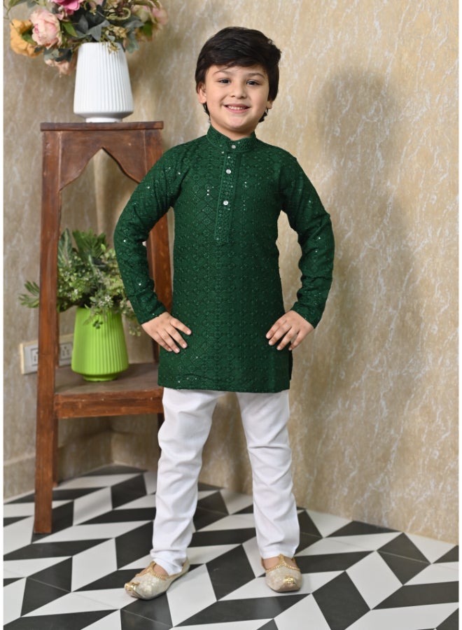 BT DEZINES Boys Green Chikankari Kurta Pyjama Set - Image 1